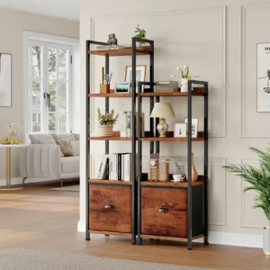 JHK Wood 5 Tier Bookshelf with 1 Fabric Drawer
